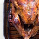 A cooked turkey in a roasting pan for Thanksgiving dinner